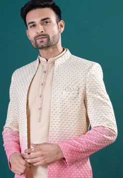 Embroidered Art Silk Kurta Set in Beige