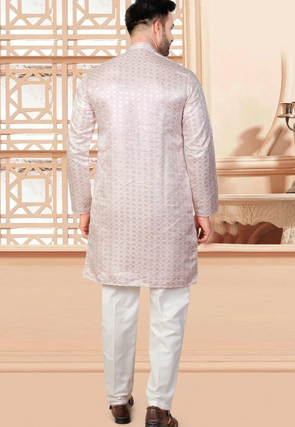 Embroidered Art Silk Kurta Set in Peach