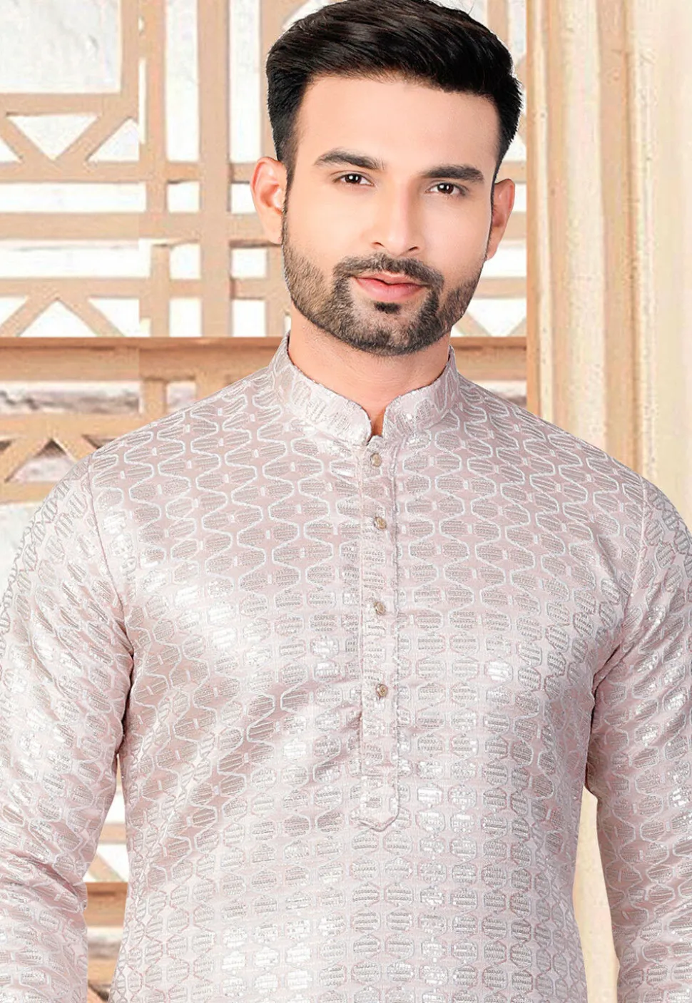 Embroidered Art Silk Kurta Set in Peach