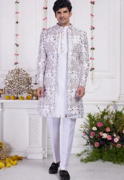 Embroidered Art Silk Kurta Set in Off White