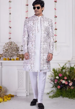 Embroidered Art Silk Kurta Set in Off White