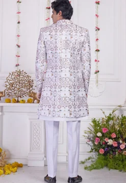 Embroidered Art Silk Kurta Set in Off White