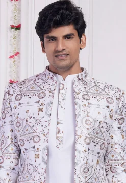 Embroidered Art Silk Kurta Set in Off White