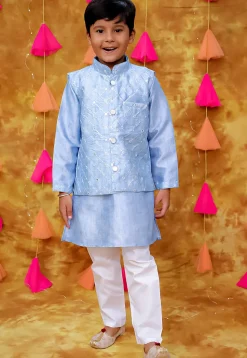 Embroidered Art Silk Kurta Set in Sky Blue