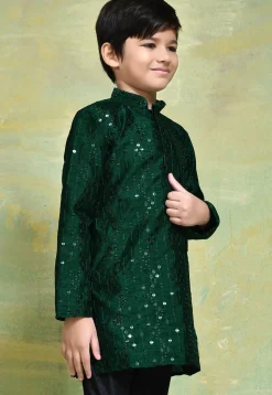 Embroidered Art Silk Kurta in Dark Green