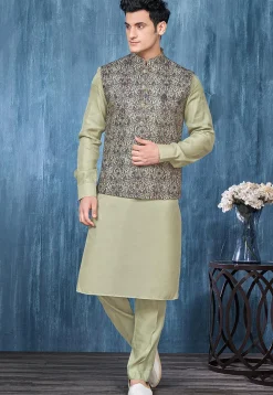 Embroidered Art Silk Kurta Set in Dusty Green