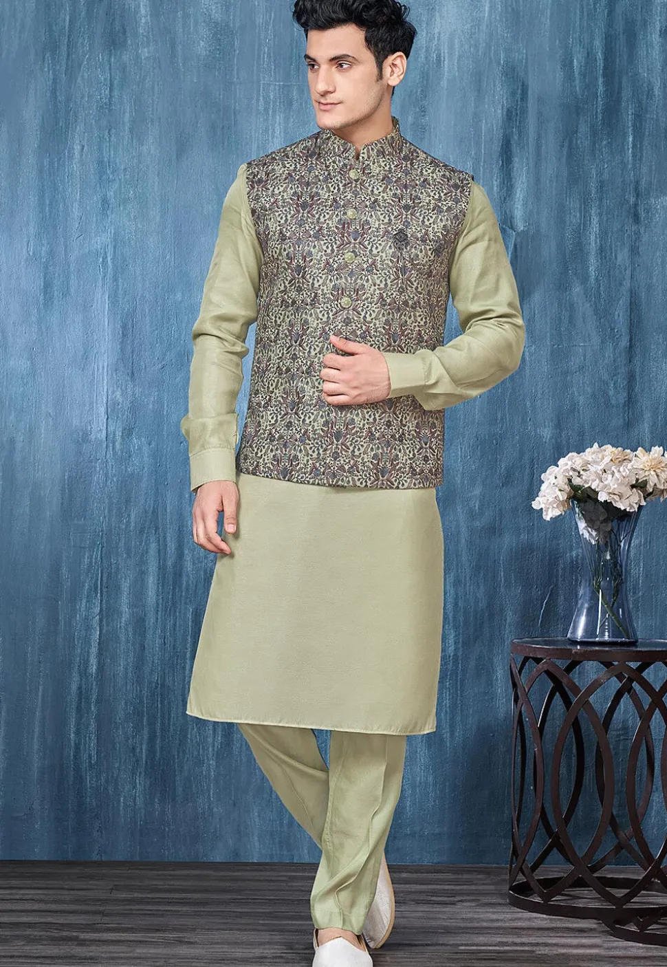 Embroidered Art Silk Kurta Set in Dusty Green