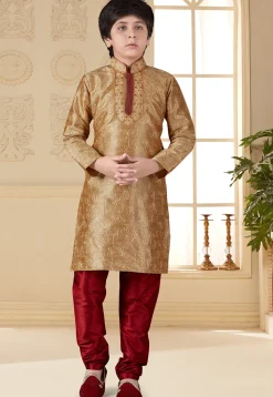 Embroidered Art Silk Kurta Set in Beige