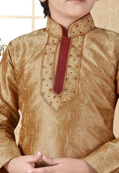 Embroidered Art Silk Kurta Set in Beige