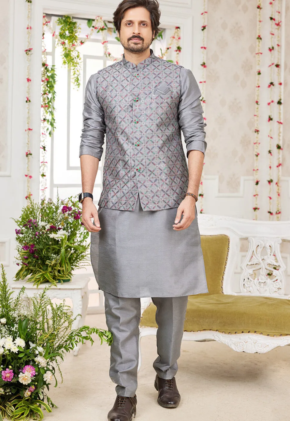 Embroidered Art Silk Kurta Set in Grey