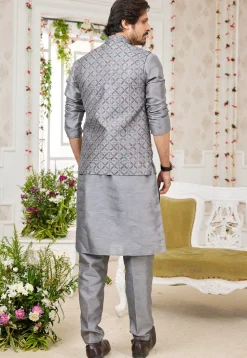 Embroidered Art Silk Kurta Set in Grey