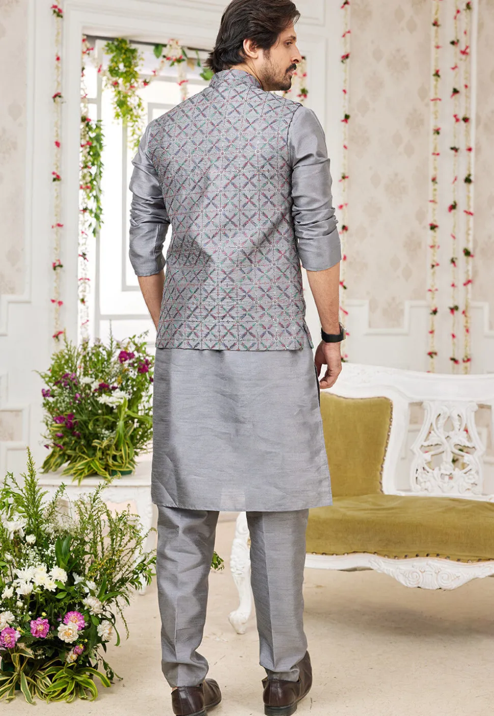 Embroidered Art Silk Kurta Set in Grey