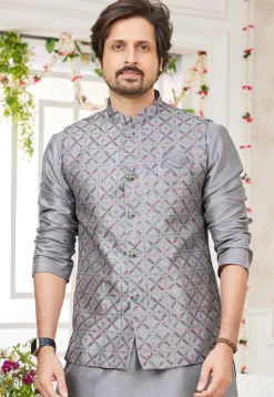 Embroidered Art Silk Kurta Set in Grey