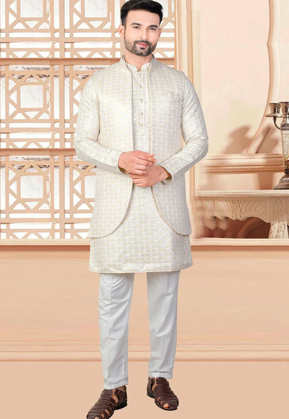 Embroidered Art Silk Kurta Set in Off White