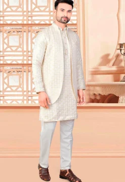 Embroidered Art Silk Kurta Set in Off White