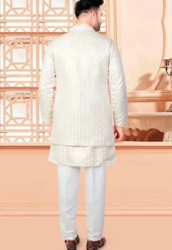 Embroidered Art Silk Kurta Set in Off White