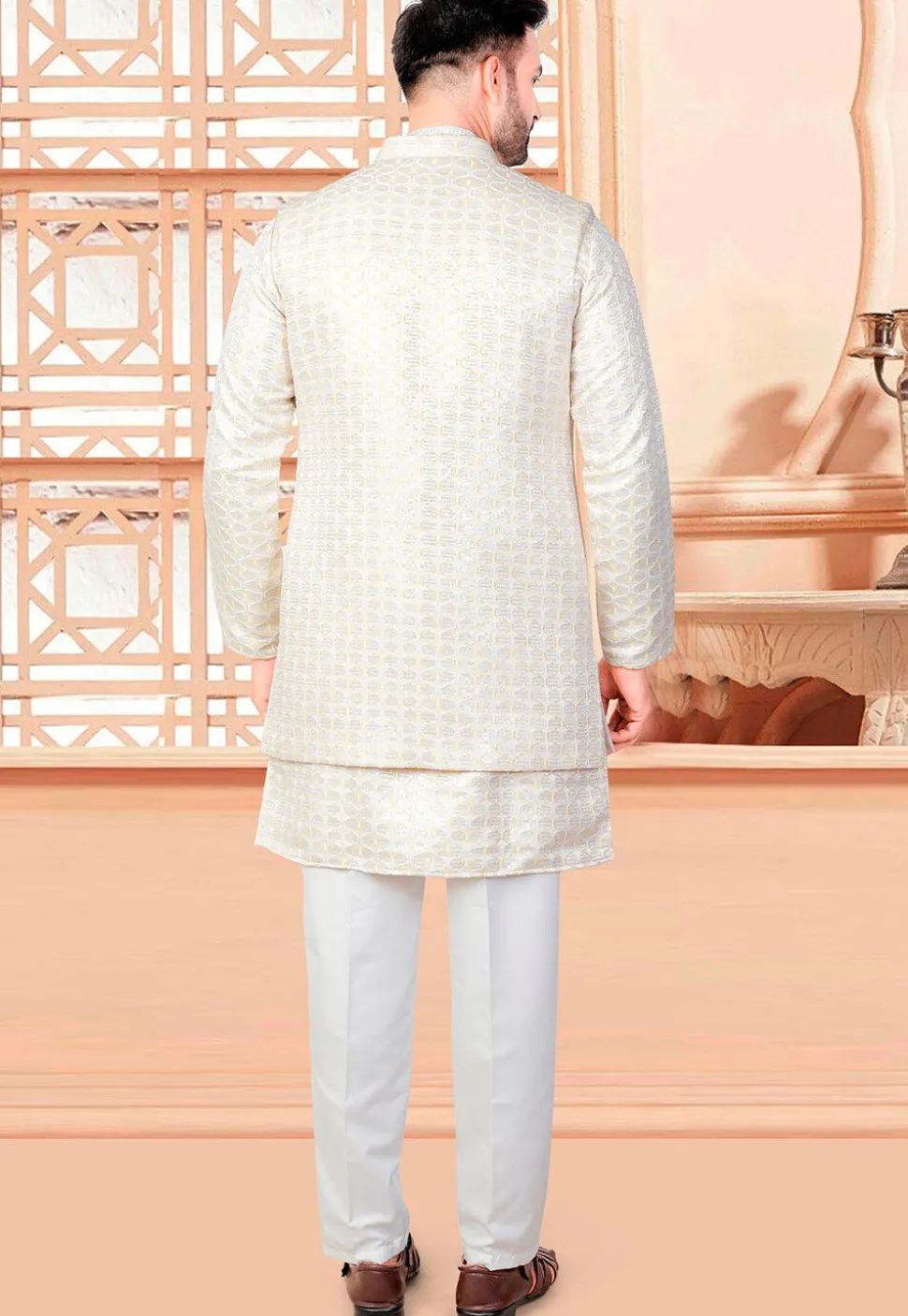 Embroidered Art Silk Kurta Set in Off White