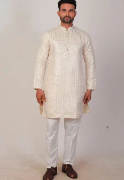 Embroidered Art Silk Kurta Set in Off White