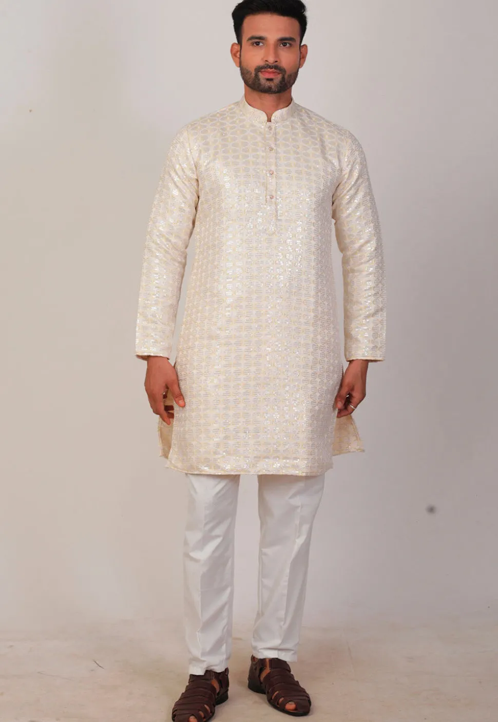 Embroidered Art Silk Kurta Set in Off White