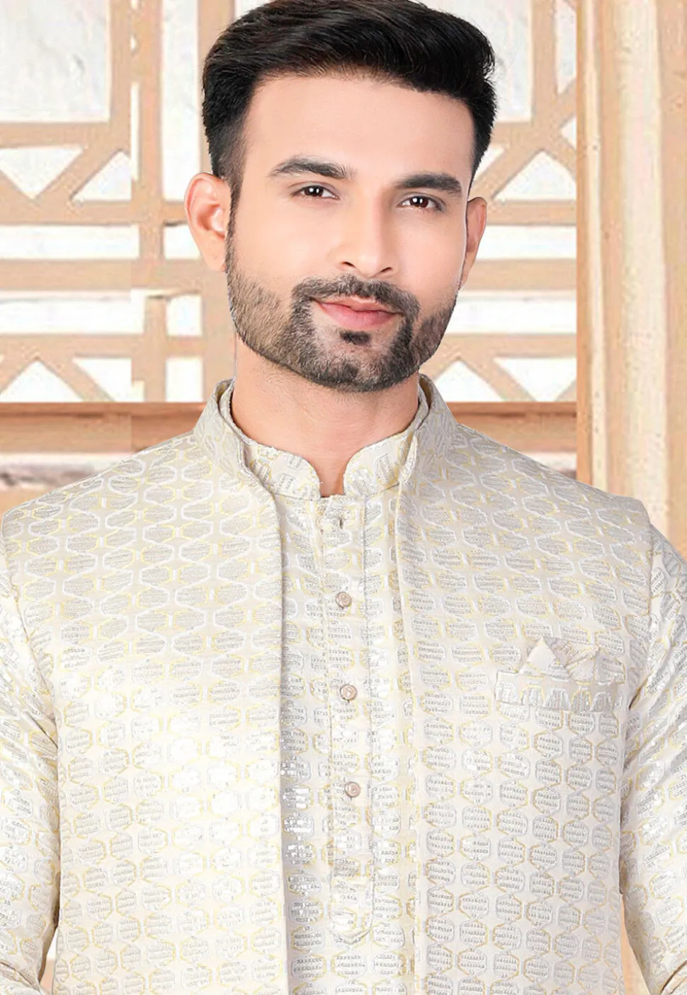 Embroidered Art Silk Kurta Set in Off White