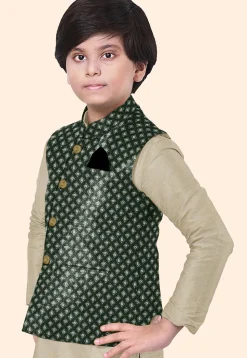 Embroidered Art Silk Kurta Set in Beige and Dark Green