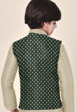 Embroidered Art Silk Kurta Set in Beige and Dark Green