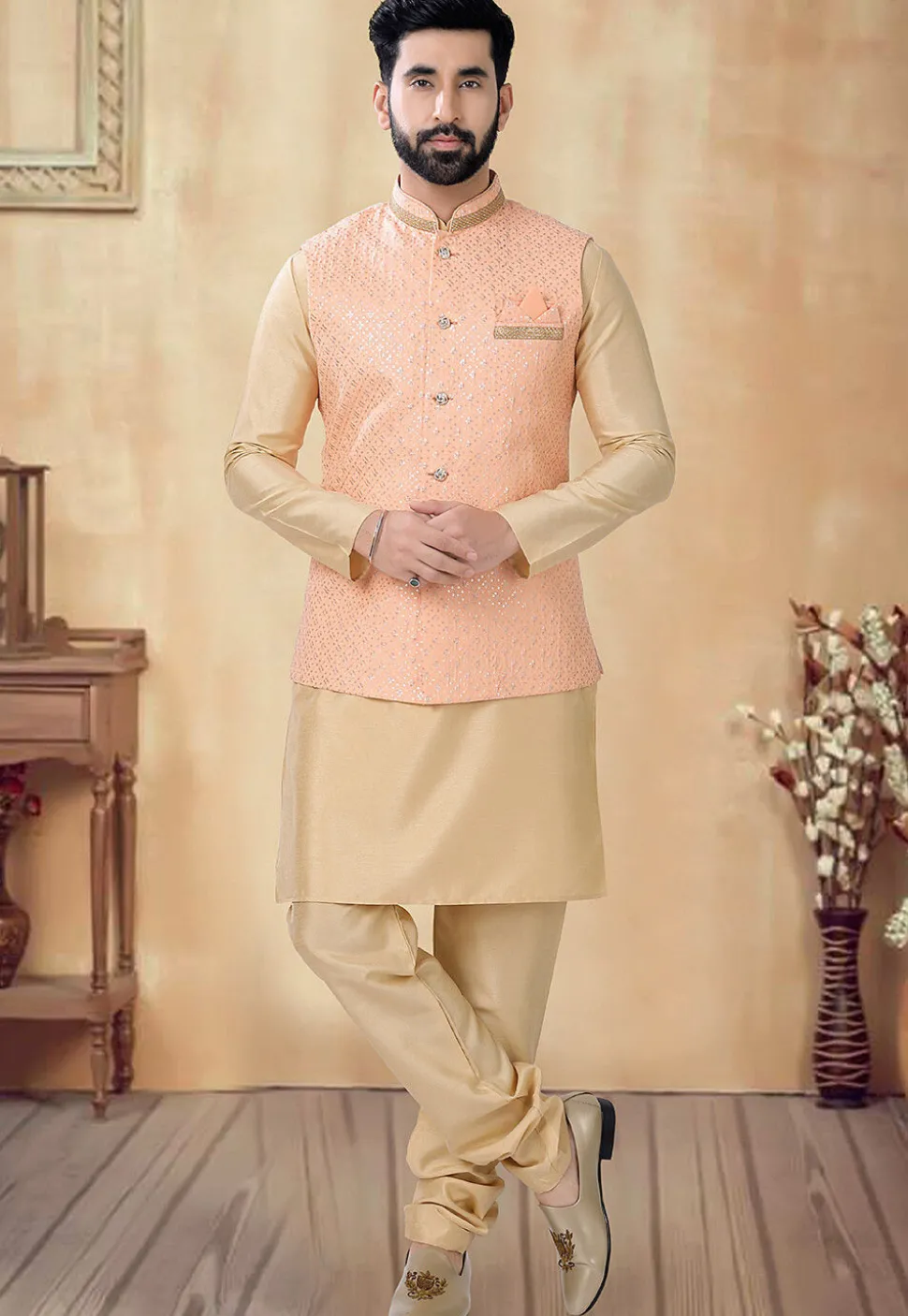 Embroidered Art Silk Kurta Set in Beige and Peach