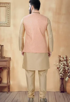 Embroidered Art Silk Kurta Set in Beige and Peach
