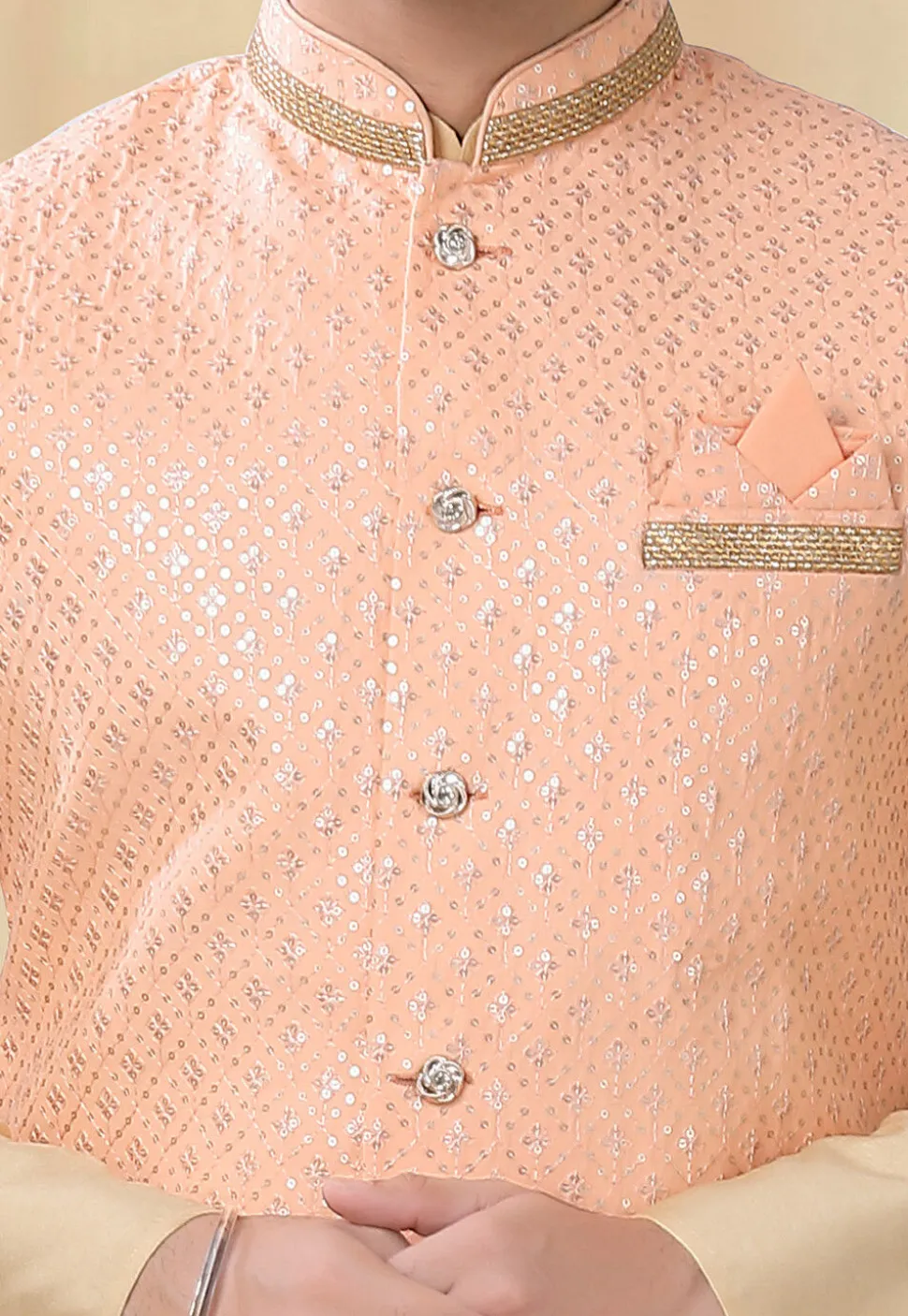 Embroidered Art Silk Kurta Set in Beige and Peach
