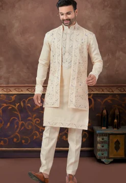 Embroidered Art Silk Kurta Set in Light Peach