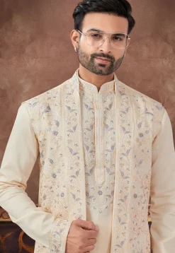 Embroidered Art Silk Kurta Set in Light Peach