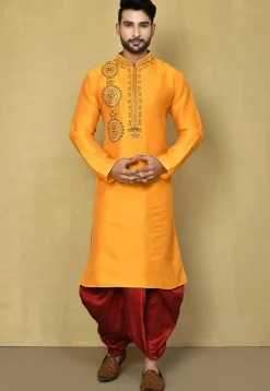 Embroidered Art Silk Kurta Dhoti in Yellow