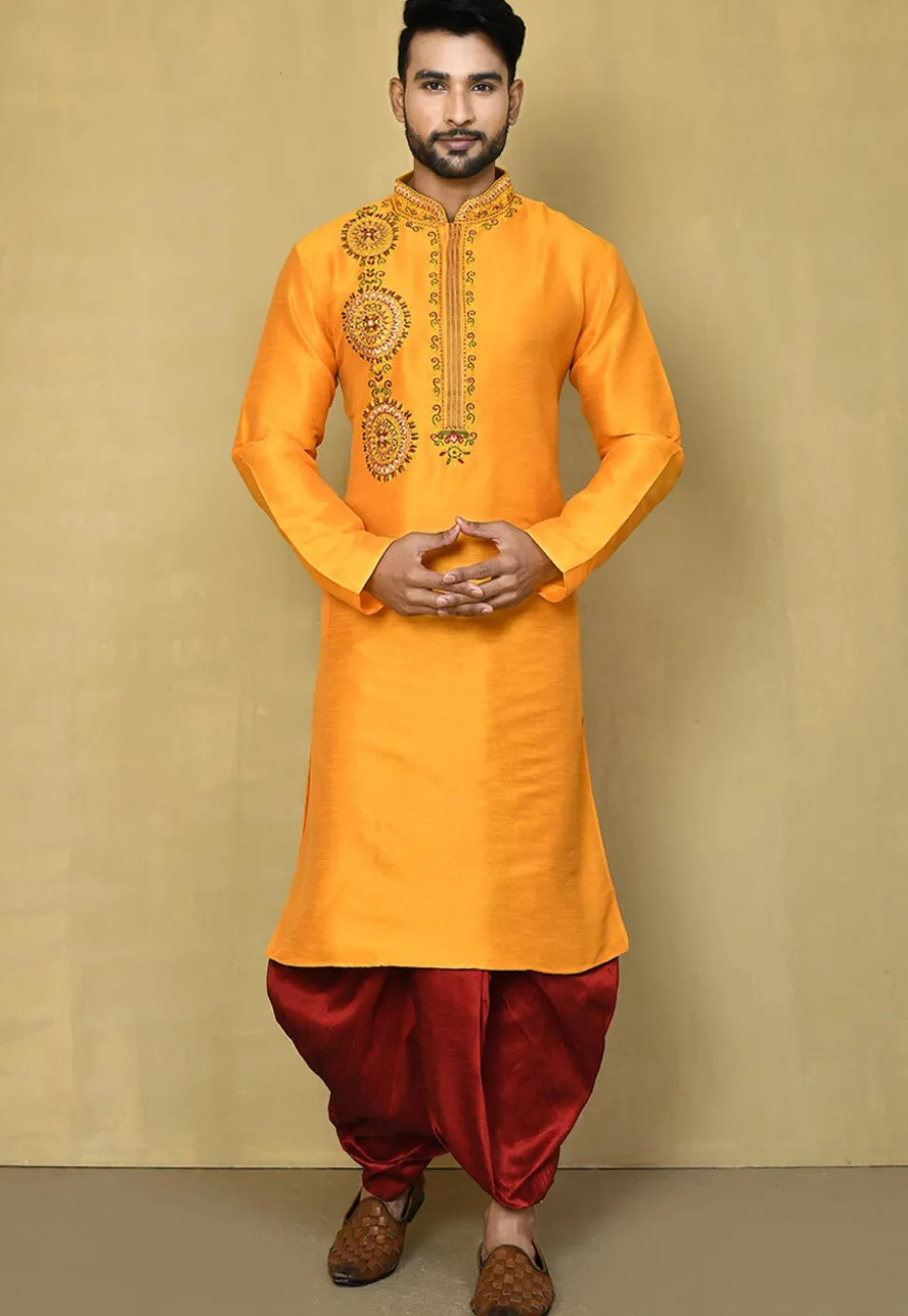 Embroidered Art Silk Kurta Dhoti in Yellow