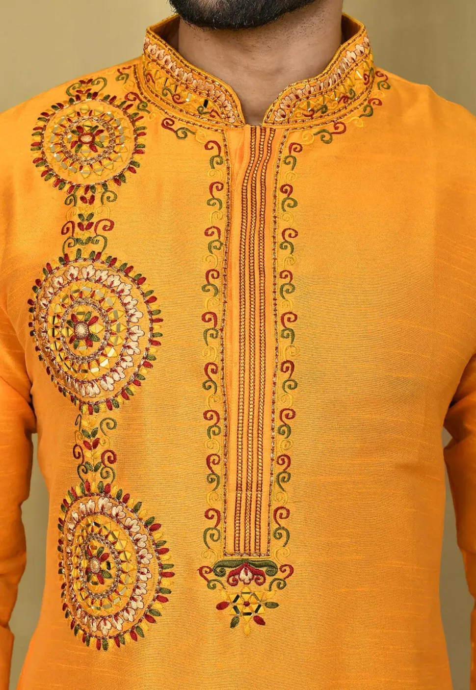 Embroidered Art Silk Kurta Dhoti in Yellow