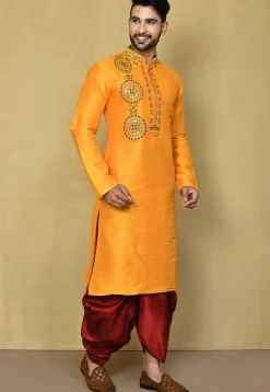 Embroidered Art Silk Kurta Dhoti in Yellow