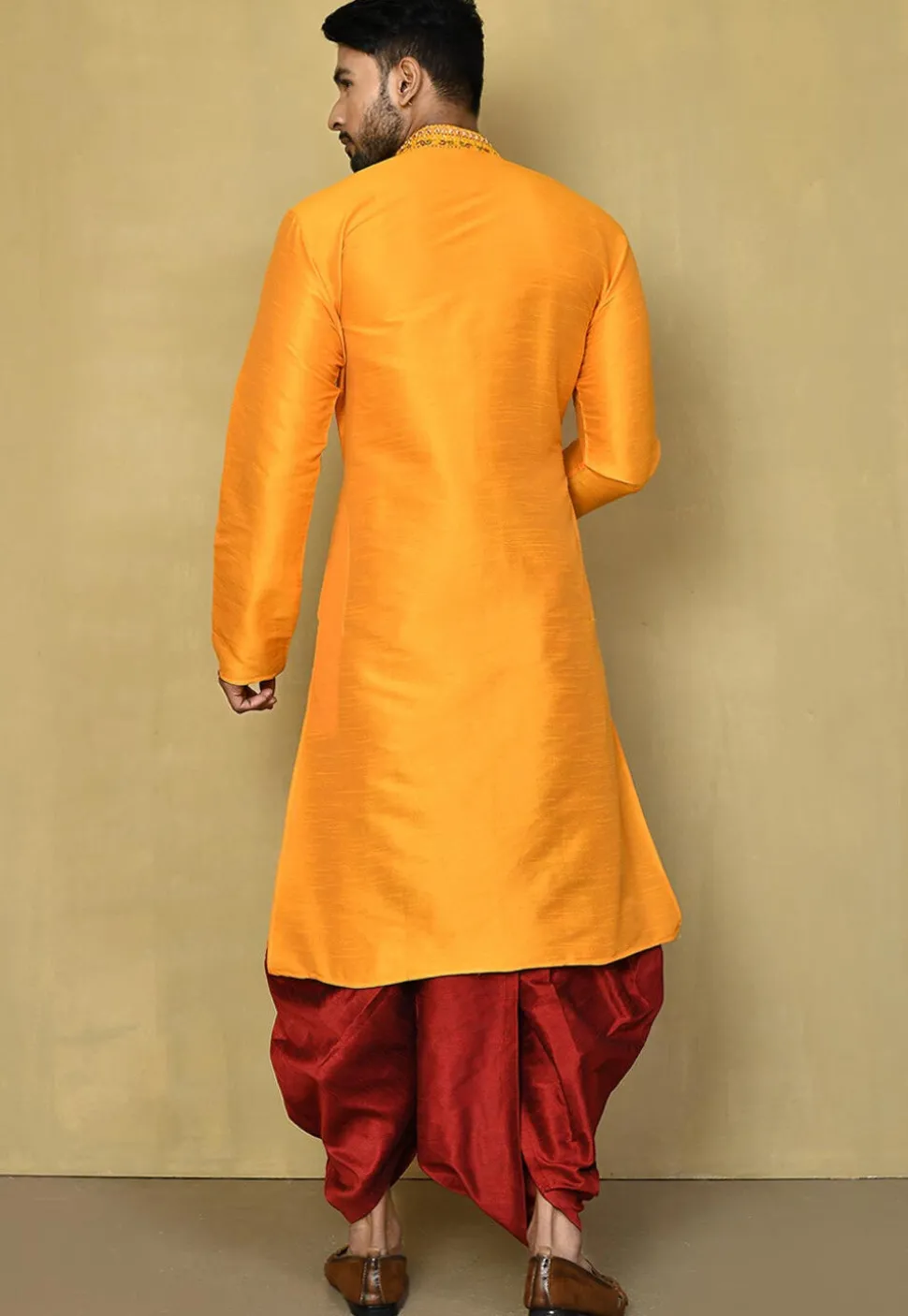Embroidered Art Silk Kurta Dhoti in Yellow