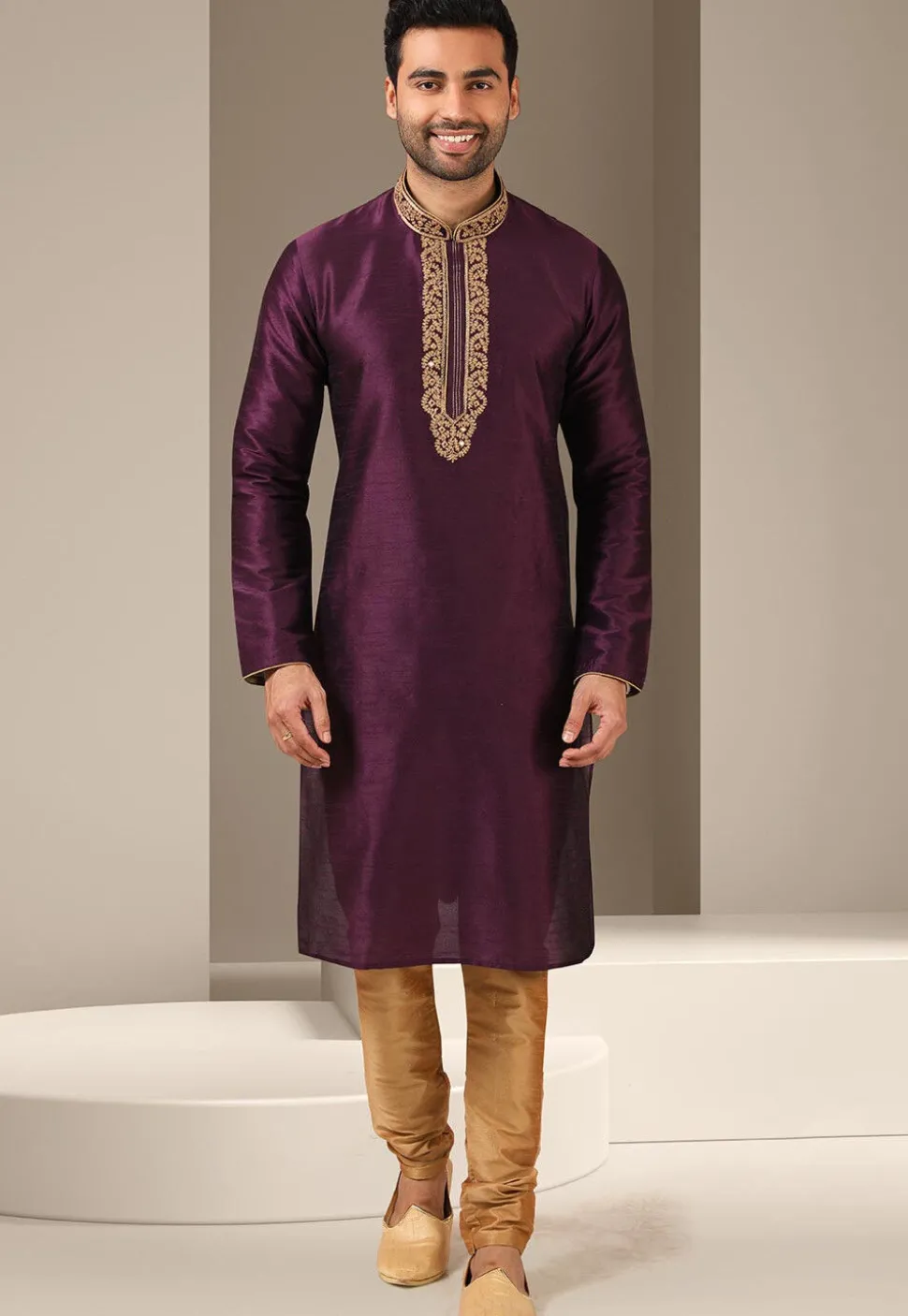 Embroidered Art Silk Kurta in Wine