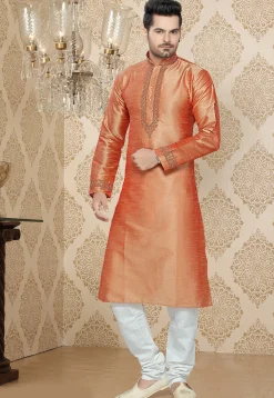 Embroidered Art Silk Kurta Churidar in Peach