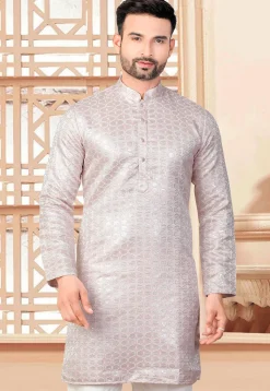 Embroidered Art Silk Kurta in Peach