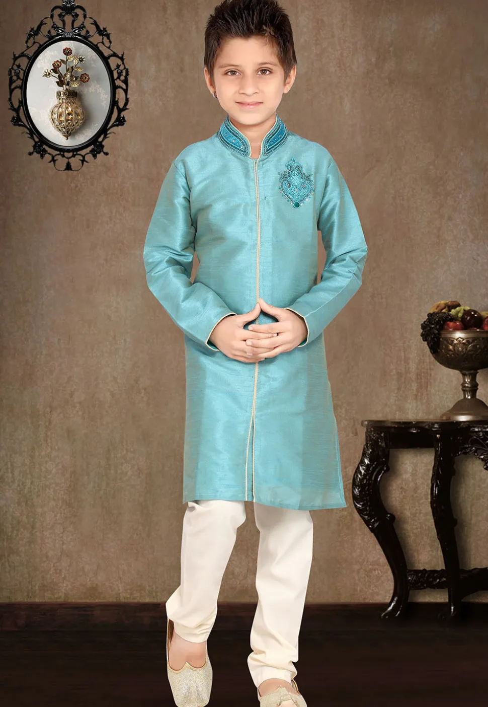 Embroidered Art Silk Kurta Pyjama Sets in Sky Blue