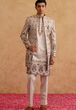 Embroidered Art Silk Kurta Set in Light Beige