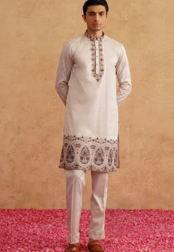 Embroidered Art Silk Kurta Set in Light Beige