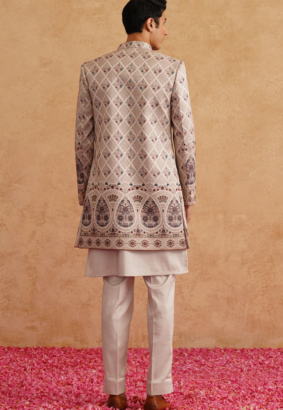 Embroidered Art Silk Kurta Set in Light Beige