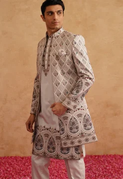 Embroidered Art Silk Kurta Set in Light Beige