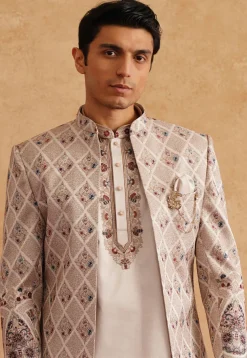 Embroidered Art Silk Kurta Set in Light Beige