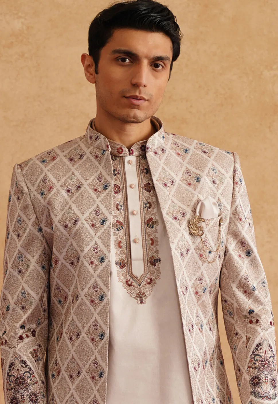 Embroidered Art Silk Kurta Set in Light Beige