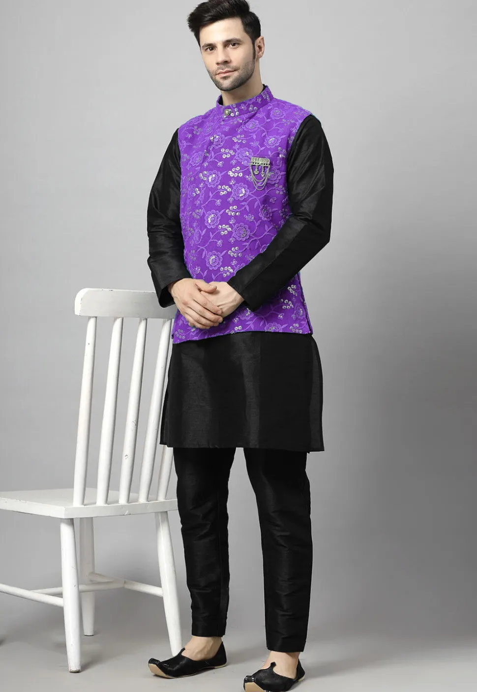 Embroidered Art Silk Kurta Set in Black and Purple
