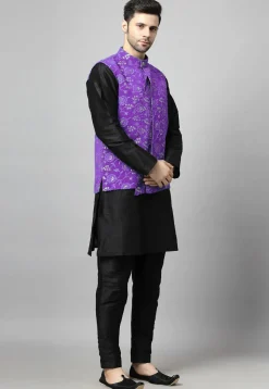 Embroidered Art Silk Kurta Set in Black and Purple