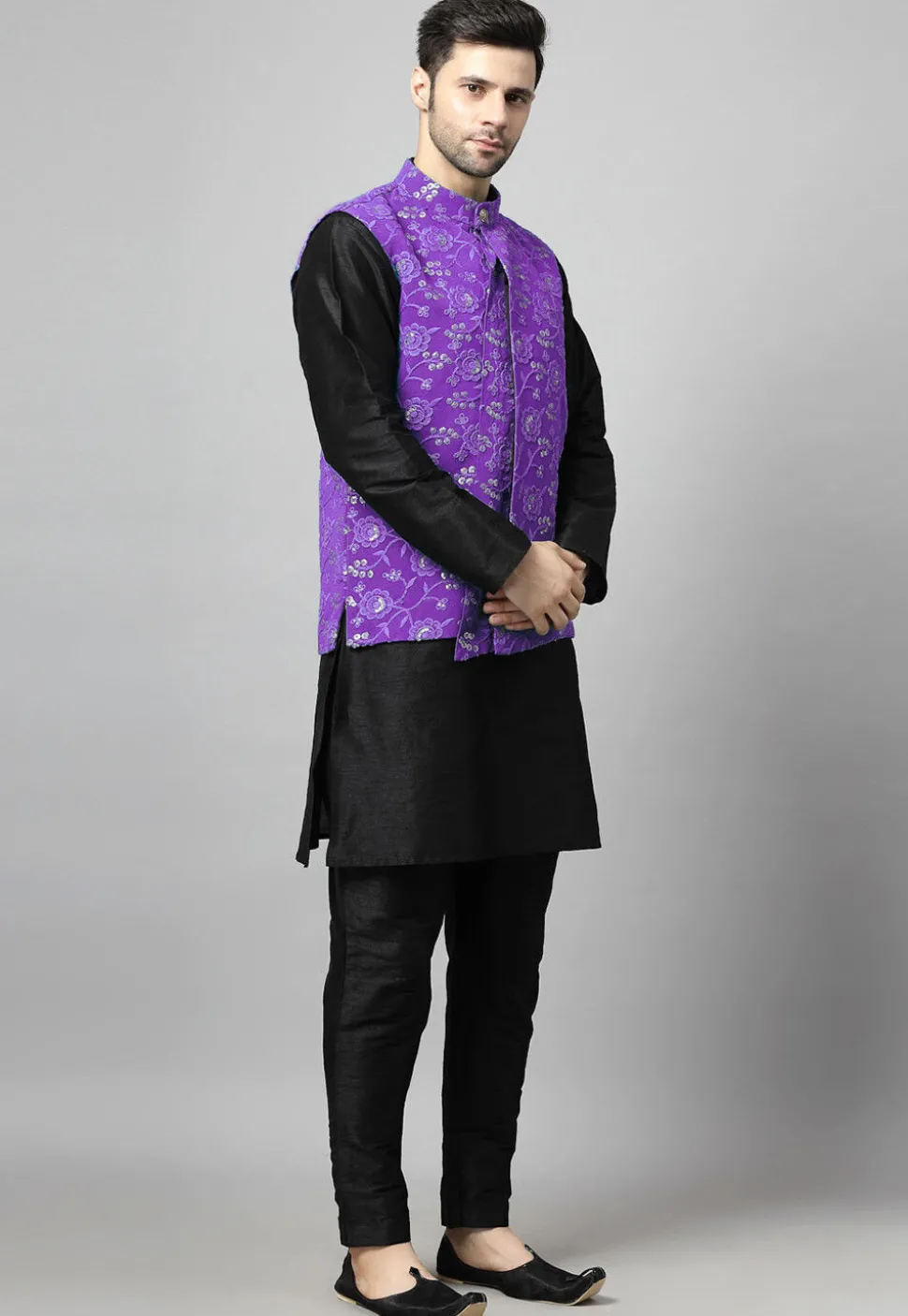 Embroidered Art Silk Kurta Set in Black and Purple