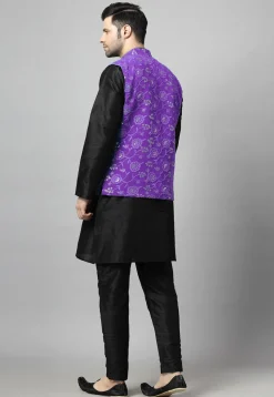 Embroidered Art Silk Kurta Set in Black and Purple